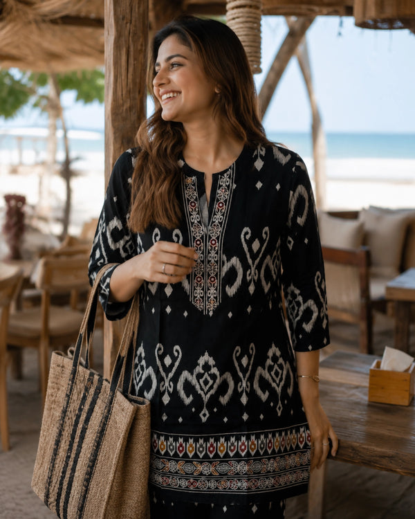 Ikat Print Rayon Co-ord Set with Notch Neck for Vacation Wear — image 2