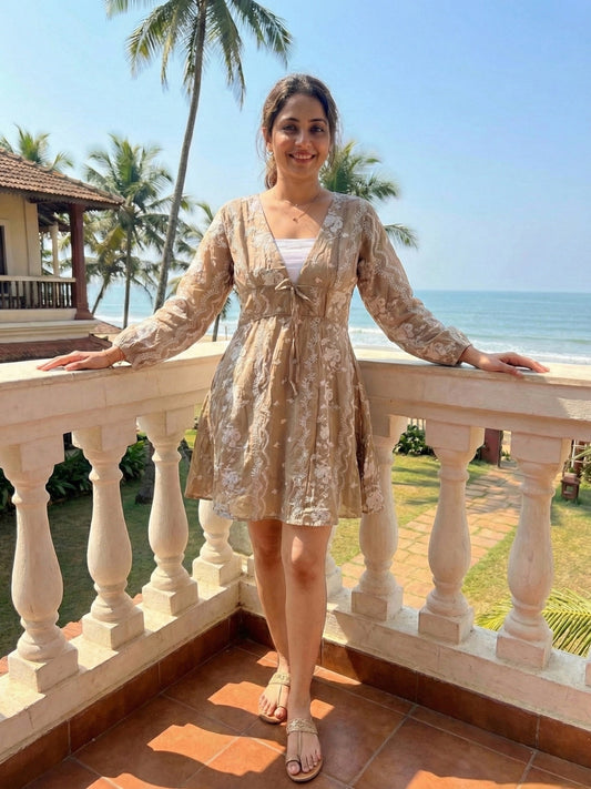 Embroidered V-Neck Flare Dress - Beige