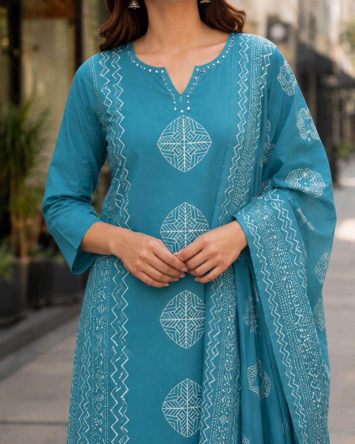 Block Print Cotton Kurta Pant Dupatta with Round Neck for Daily Wear