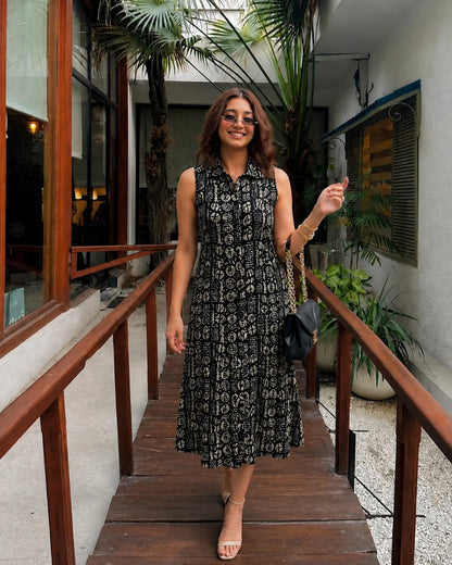 Black Printed Cotton Midi Dress with Collar Neck for Vacation Wear