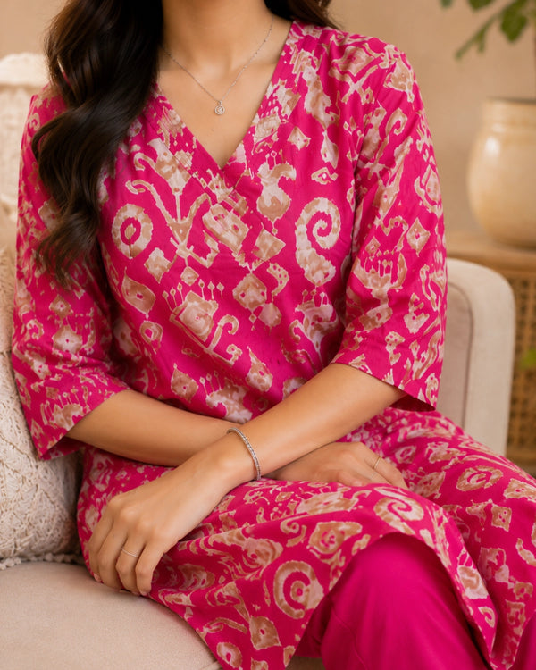 Rani Pink Ikat Print Cotton Kurta Pant Set for Daily Wear — image 3
