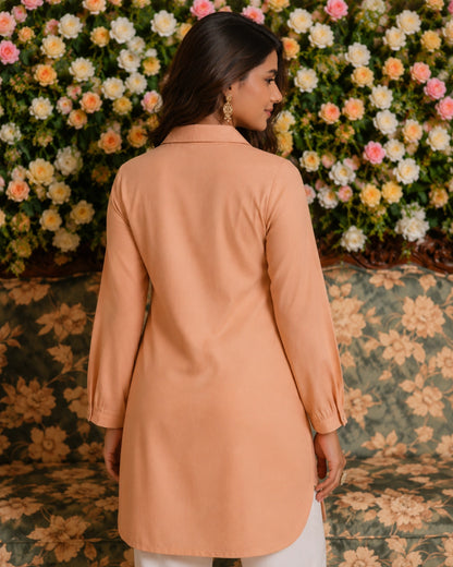 Peach Chikankari Embroidered Muslin Shirt for Office Wear