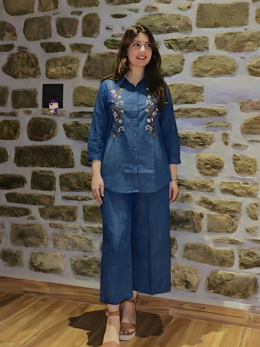 Floral Embroidered Denim Co-Ord Set in Indigo Blue