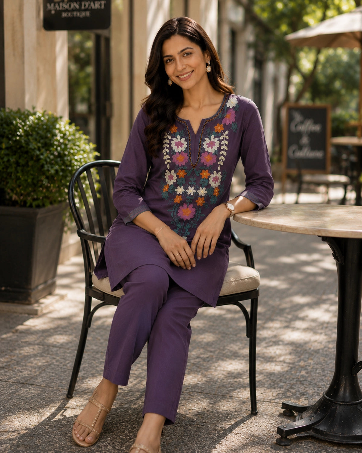 Thread Work Round Neck Rayon Co-ord Set
