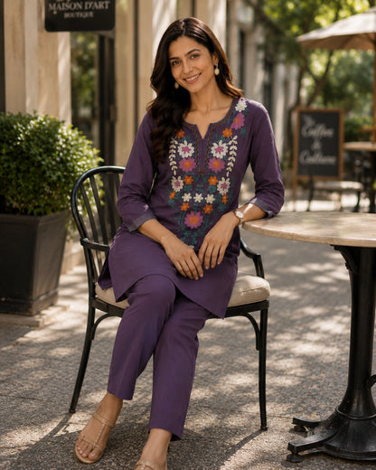 Thread Work Round Neck Rayon Co-ord Set