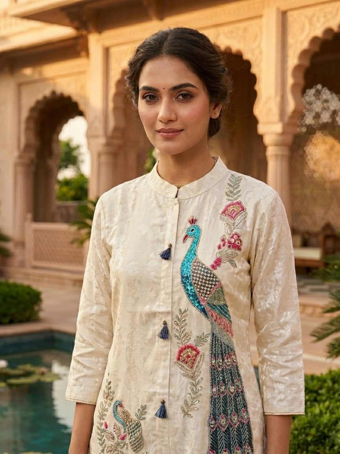Ivory Peacock Embroidered Kurta Pant Set