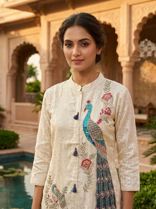 Ivory Peacock Embroidered Kurta Pant Set