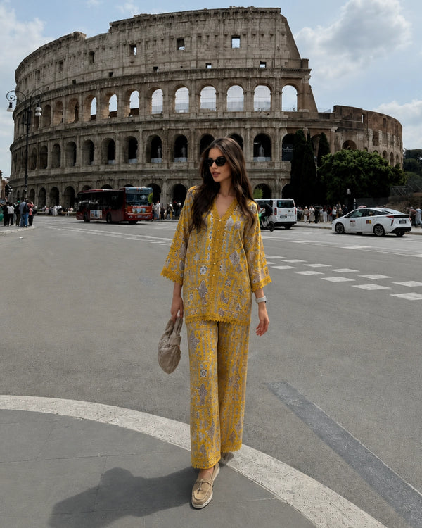 Mustard Paisley Print Cotton Co-ord Set with Lace Trim for Vacation Wear