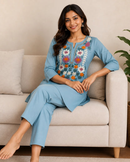 Thread Work Round Neck Rayon Co-ord Set