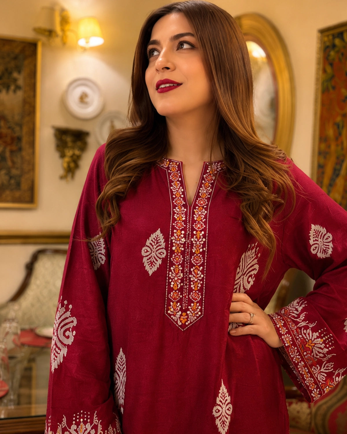 Maroon Paisley Muslin Co-Ord Set with Embroidered Yoke for Daily Wear