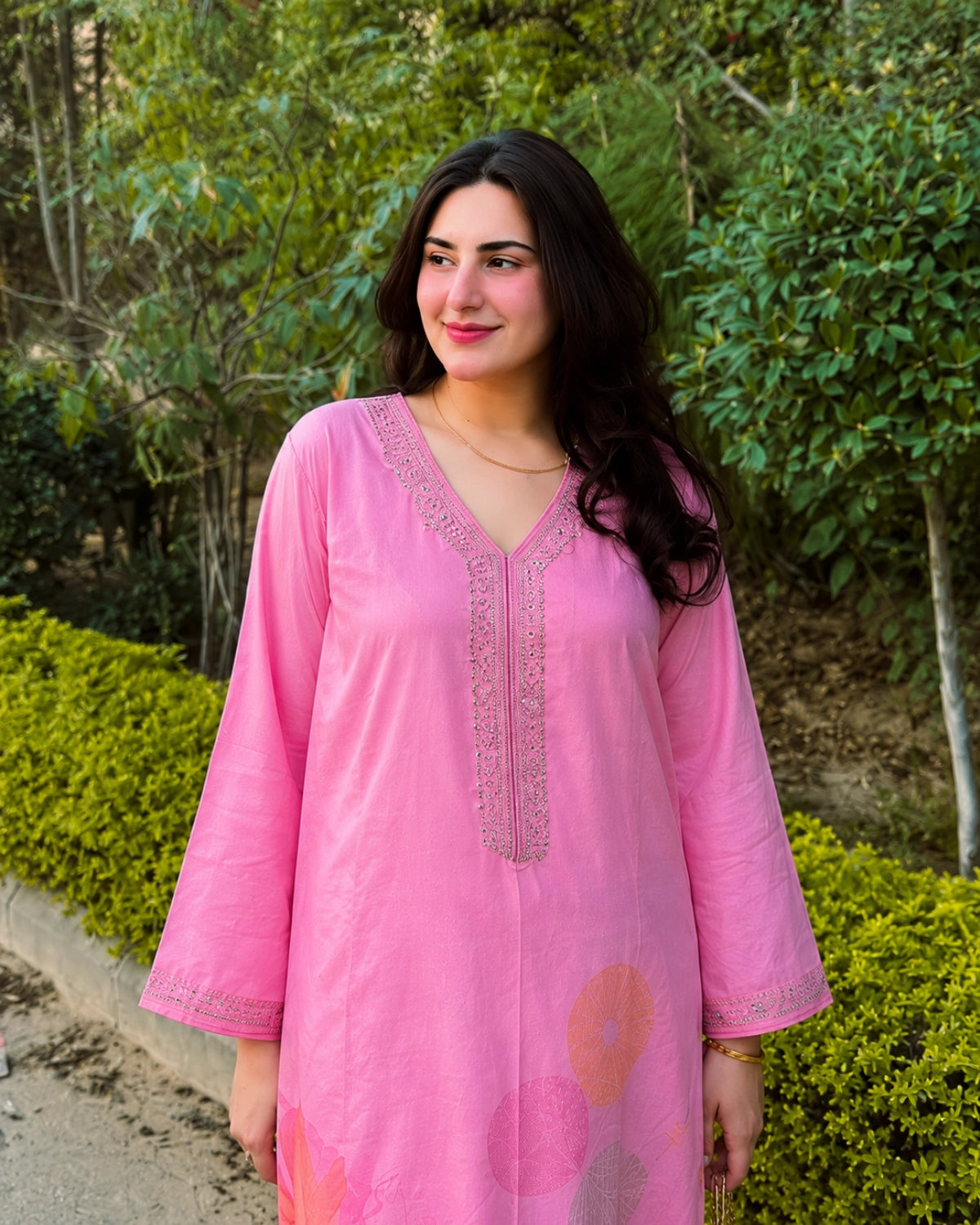 Pink Floral Embroidered Cotton Kurta Pant Set for Office Wear