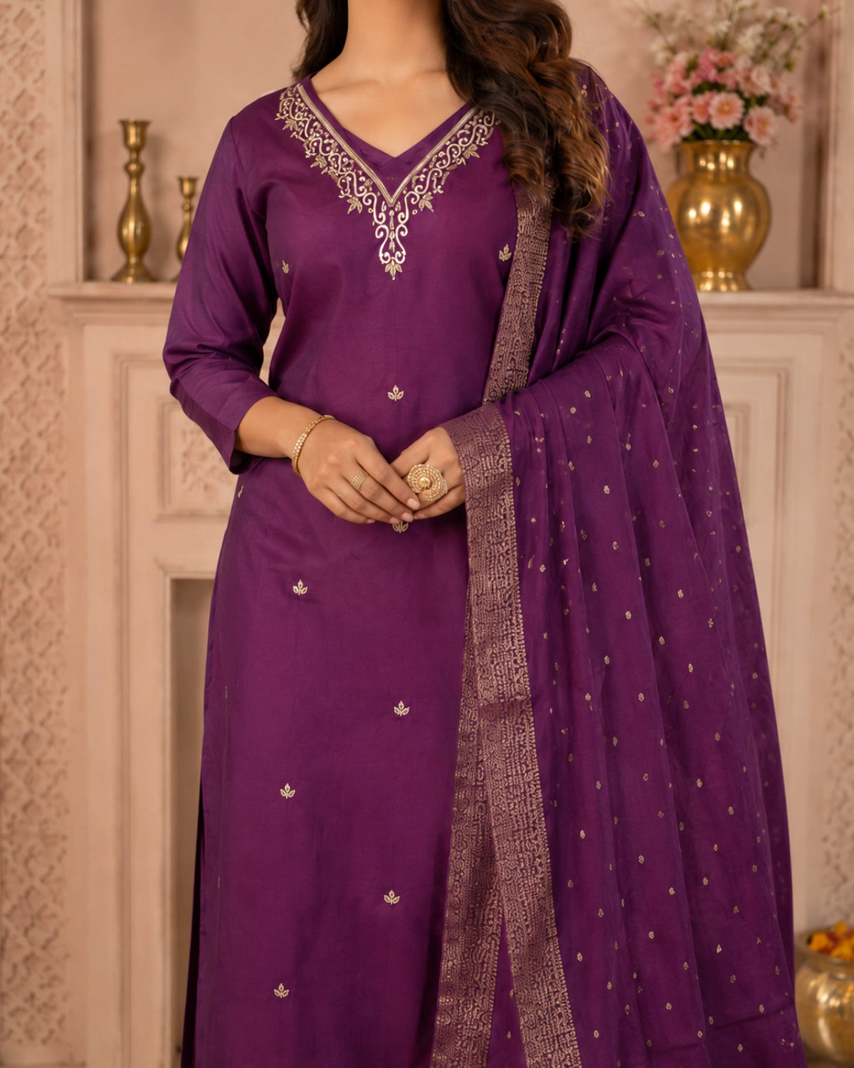 Wine Purple Thread Work Roman Silk Kurta Set for Festive Wear