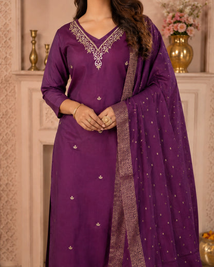Wine Purple Thread Work Roman Silk Kurta Set for Festive Wear