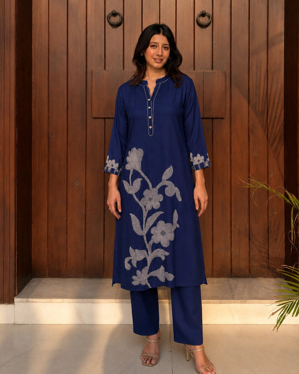 Navy Blue Kantha Work Cotton Kurta Pant Set for Daily Wear