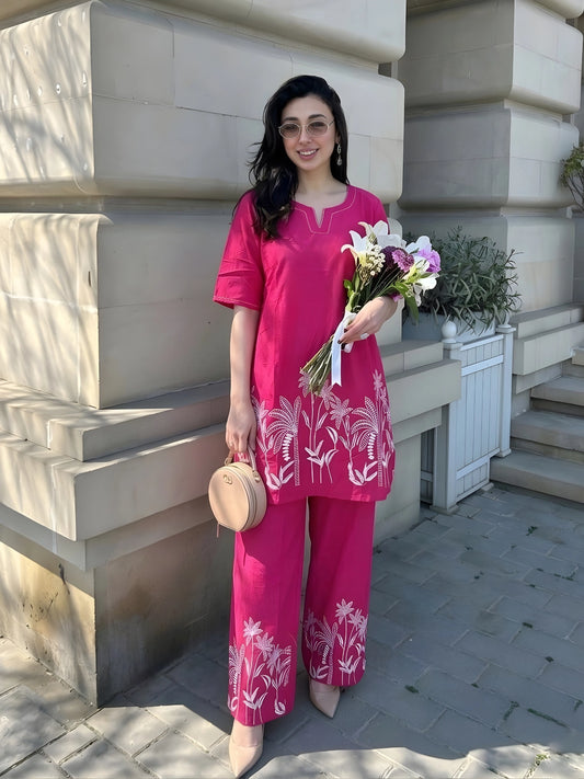 Fuchsia Pink Tropical Embroidered Co-Ord Set