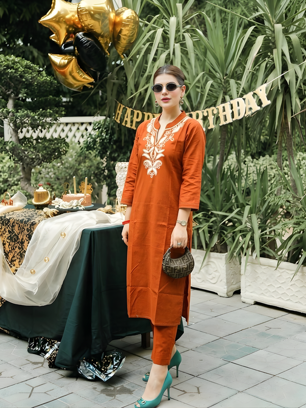 Rust Orange Embroidered Kurta Pant Set — image 1
