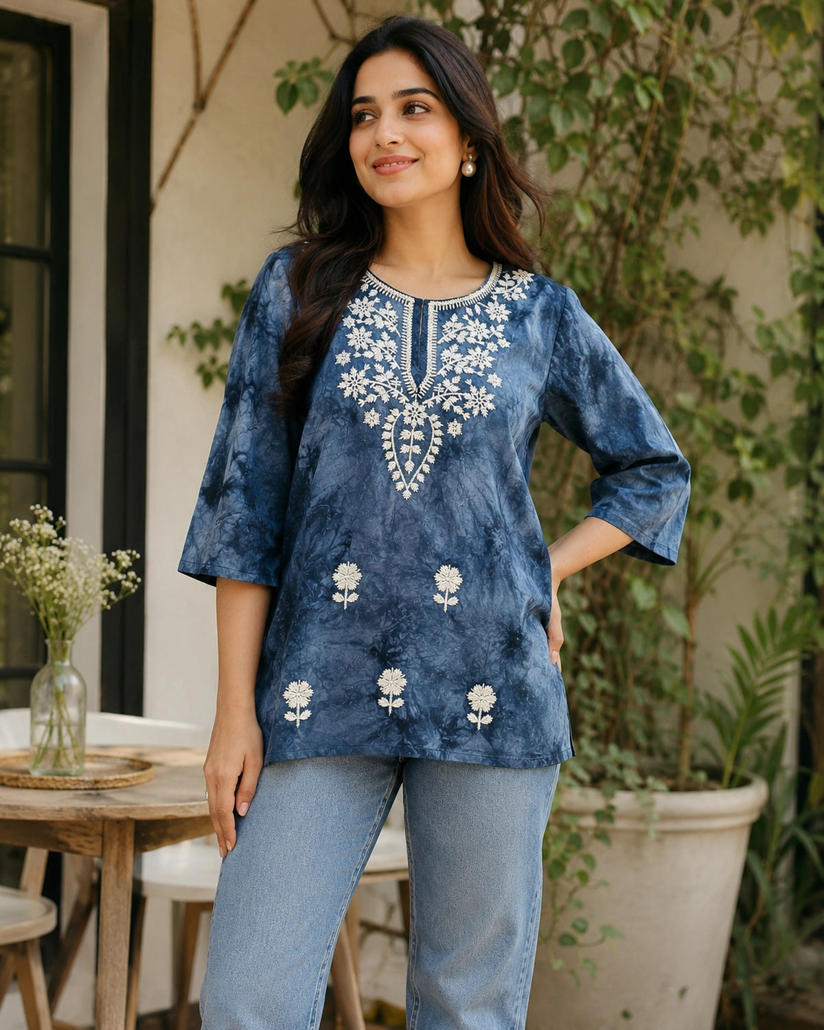 Chikankari Tie-Dye Round Neck Cotton Kurti