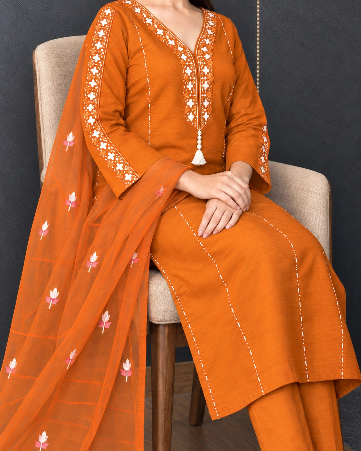 Mirror Embroidered Cotton Kurta Pant Dupatta Set