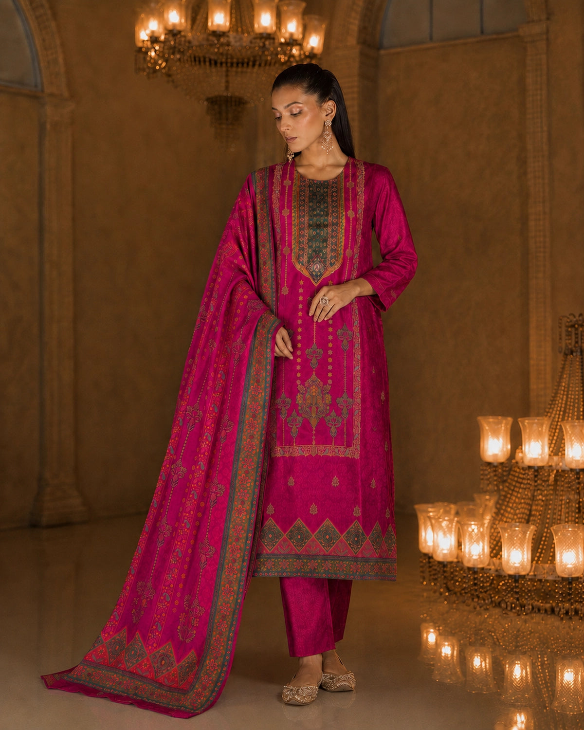 Magenta Jamawar Print Viscose Kurta Pant Dupatta Set