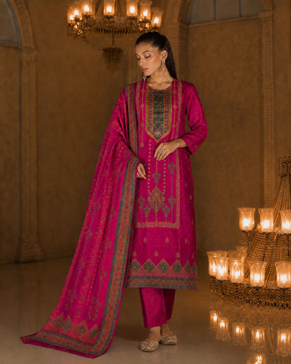 Magenta Jamawar Print Viscose Kurta Pant Dupatta Set