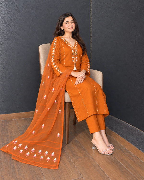 Mirror Embroidered Cotton Kurta Pant Dupatta Set — image 2