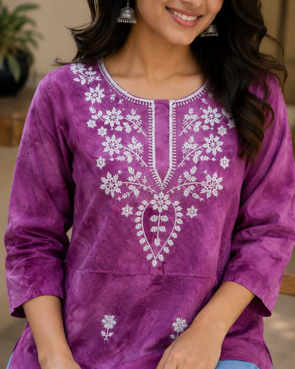 Chikankari Tie-Dye Round Neck Cotton Kurti