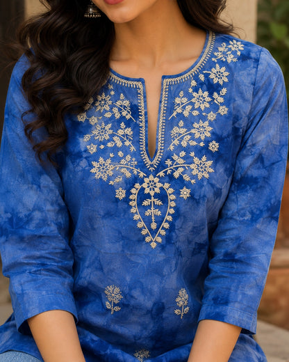 Chikankari Tie-Dye Round Neck Cotton Kurti