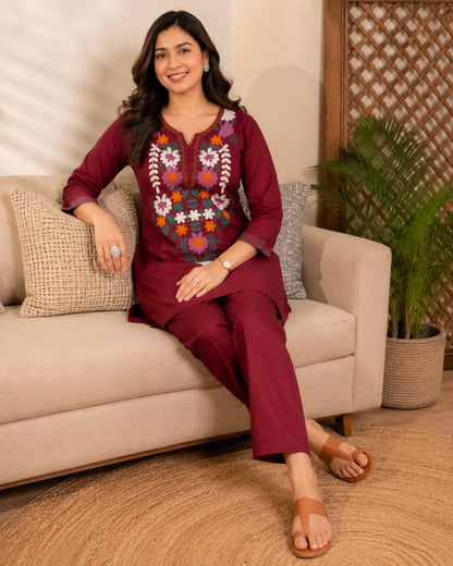 Maroon Embroidered Cotton Co-Ord Set with Notch Neck for Vacation Wear