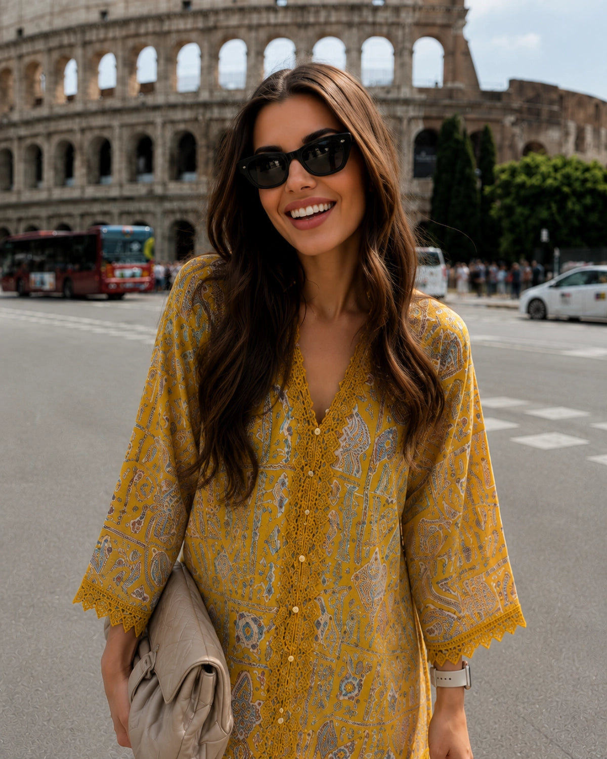 Mustard Paisley Print Cotton Co-ord Set with Lace Trim for Vacation Wear