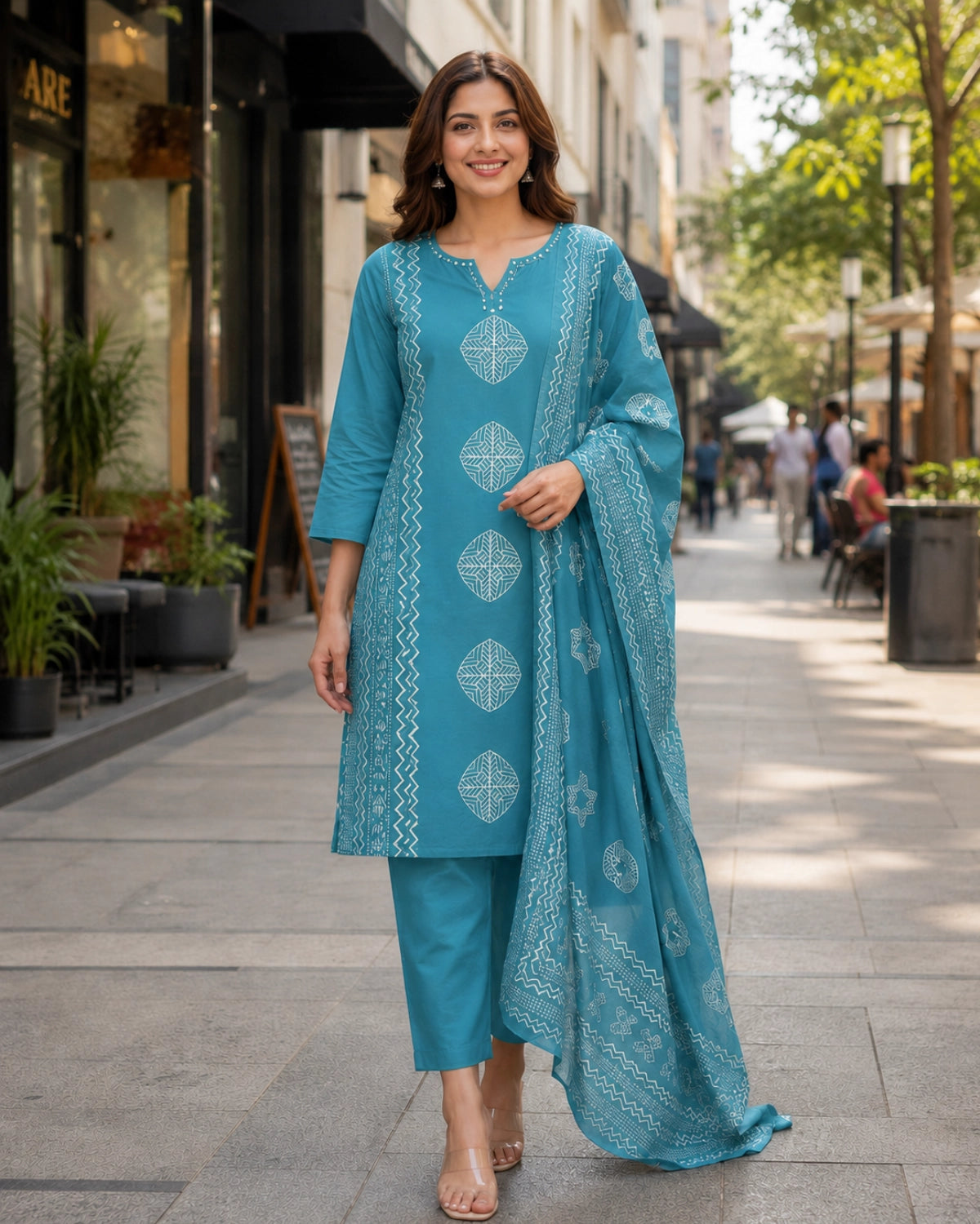 Block Print Cotton Kurta Pant Dupatta with Round Neck for Daily Wear
