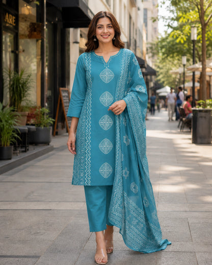 Block Print Cotton Kurta Pant Dupatta with Round Neck for Daily Wear