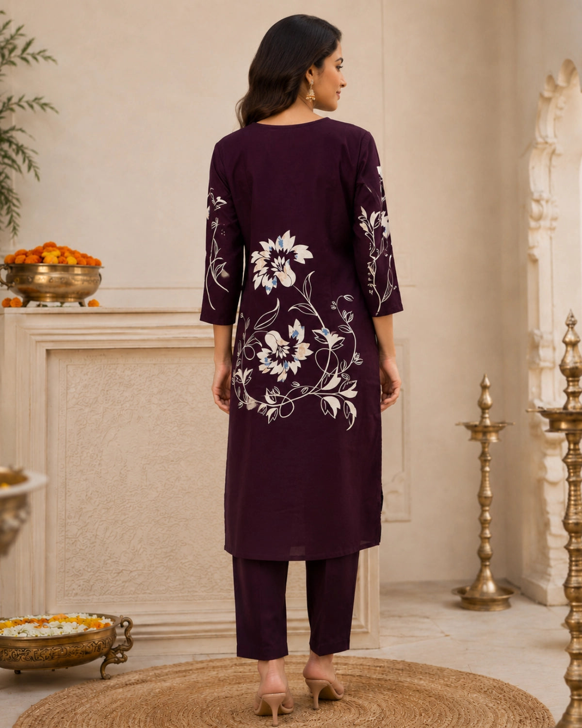 Floral Print Rayon Kurta Pant Set with V Neck for Daily Wear
