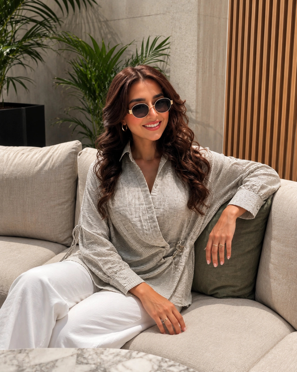 Self Stripe Imported Wrap Top with Collar Neck for Vacation Wear