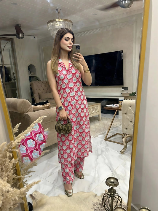 Pink Floral Sleeveless Kurta Pant Set