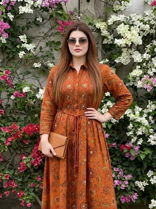 Rust Orange Floral Print Collared Maxi Dress