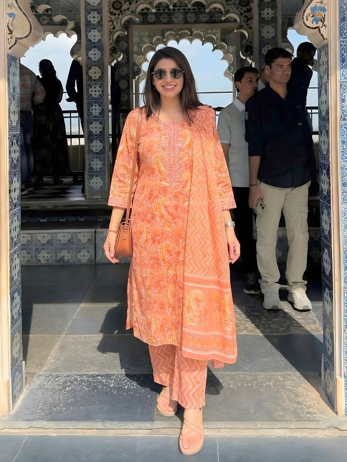 Peachy Orange Floral Print Kurta Set with Dupatta