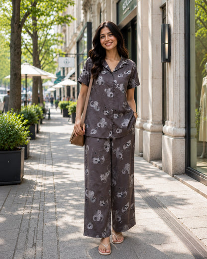 Grey Floral Print Rayon Co-ord Set for Daily Wear