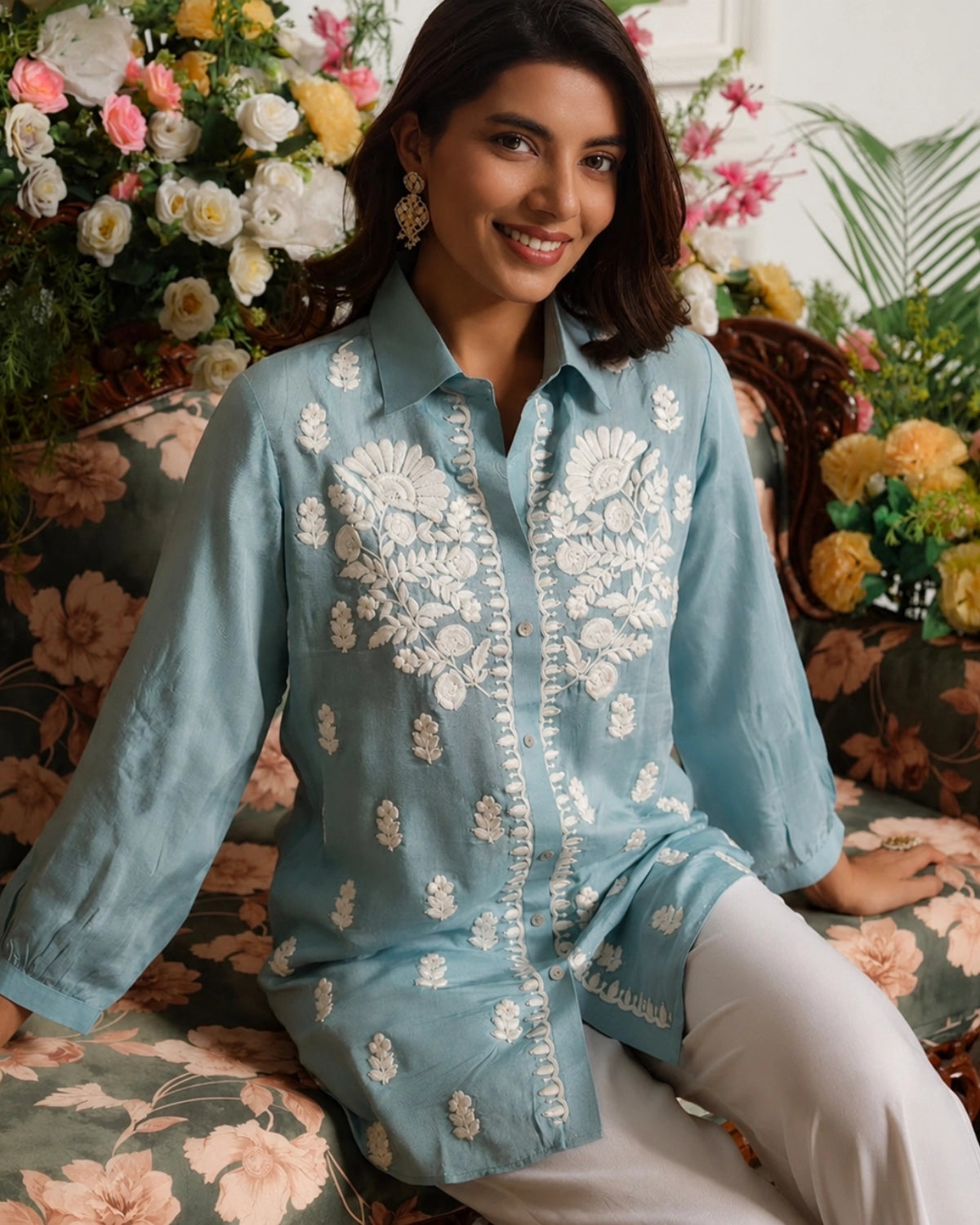 Powder Blue Chikankari Embroidered Muslin Shirt for Office Wear