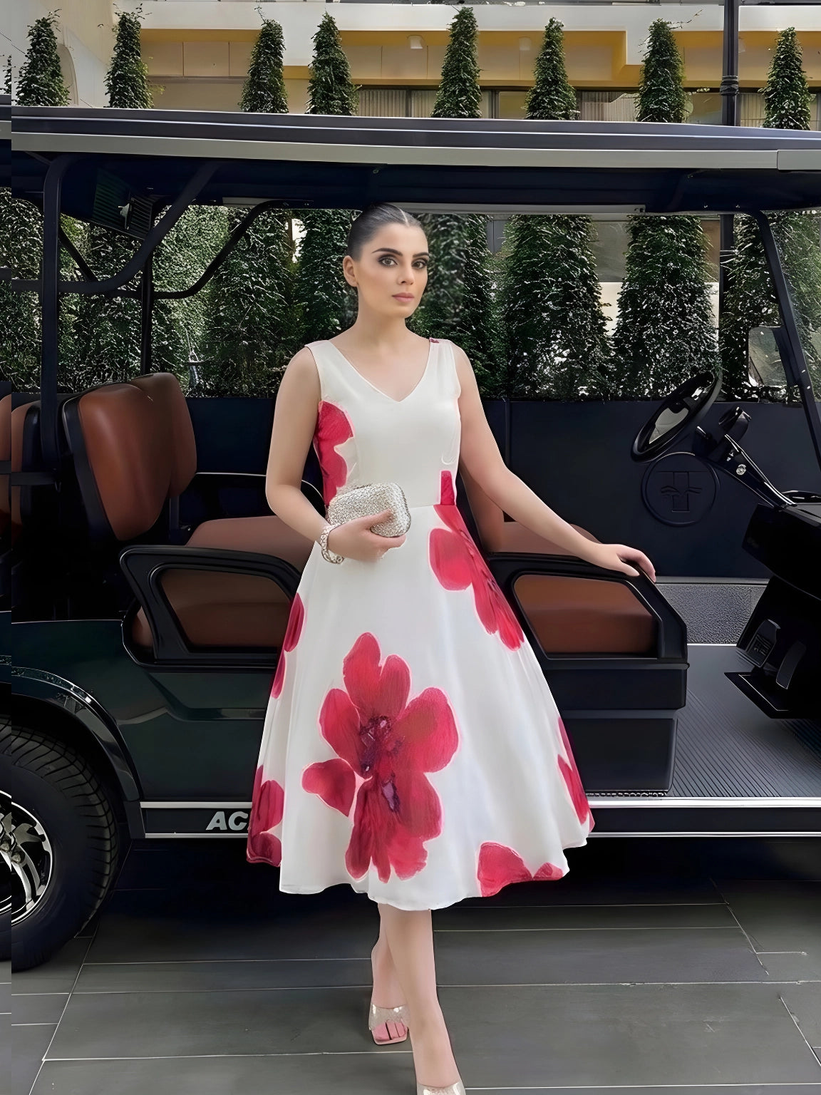 Floral Elegance: White & Rose Pink A-Line Dress