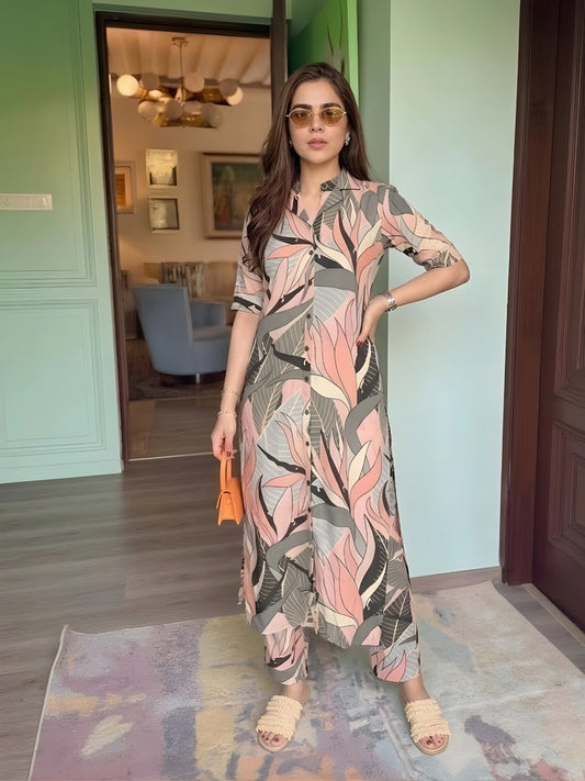 Dusty Pink & Charcoal Abstract Leaf Print Co-ord Set