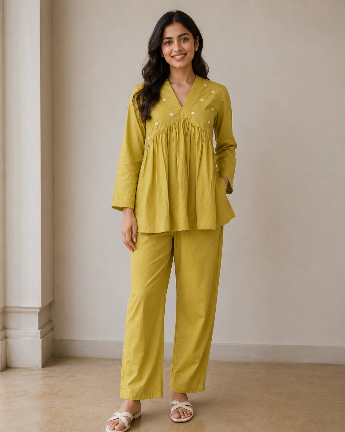 Mirror Work Cotton Co-ord Set with V Neck for Vacation Wear
