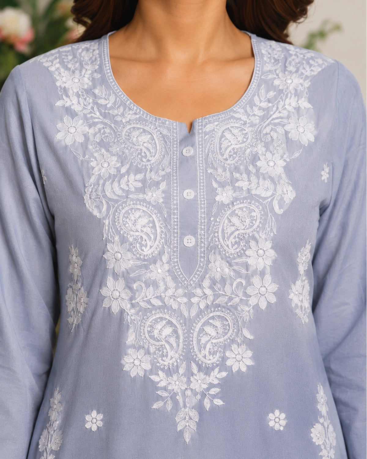 Powder Blue Chikankari Embroidered Cotton Kurti for Office Wear