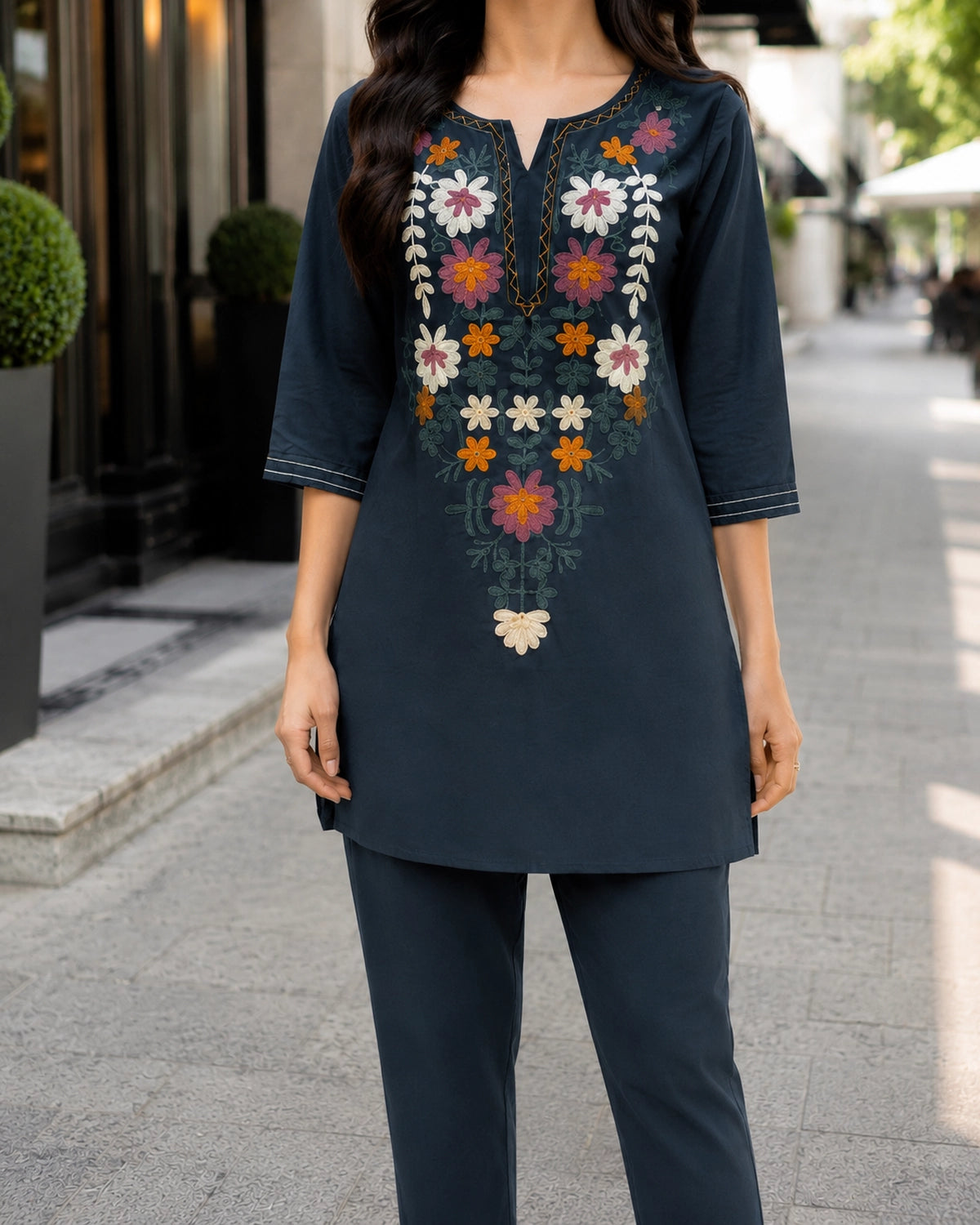 Thread Work Round Neck Rayon Co-ord Set