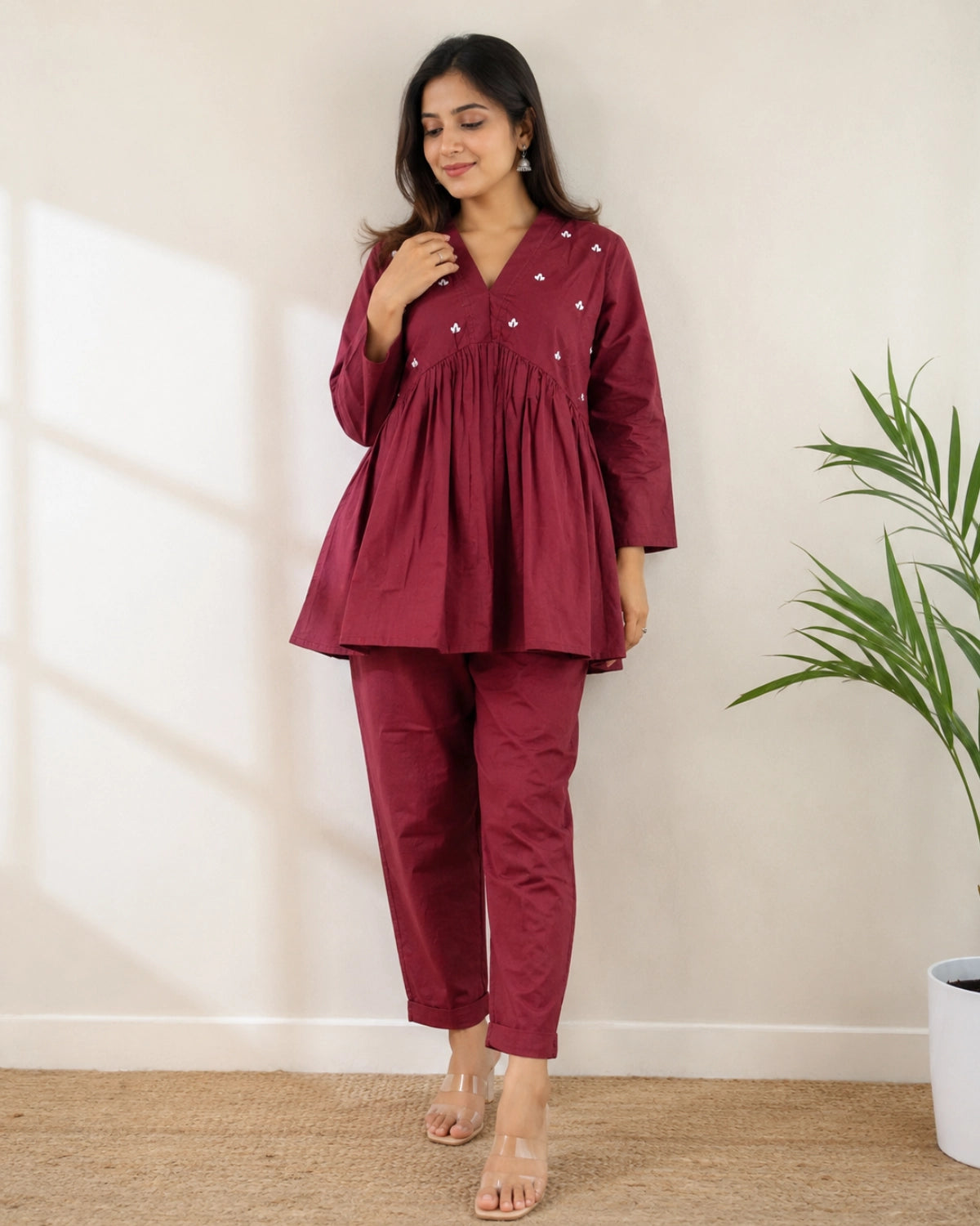 Mirror Work Cotton Co-ord Set with V Neck for Vacation Wear