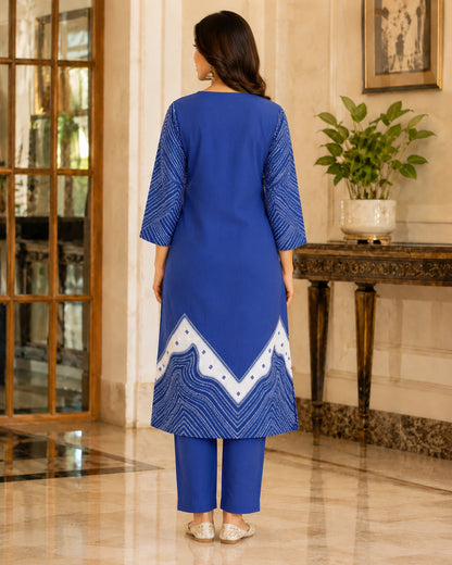Royal Blue Chevron Print Cotton Kurta Pant Set for Office Wear