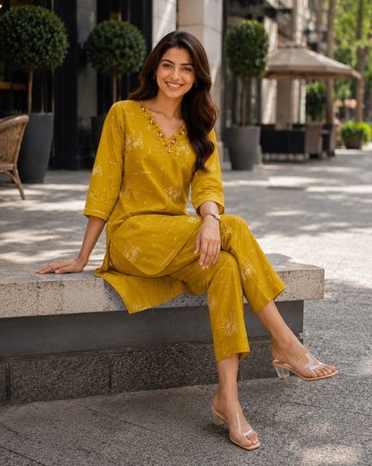 Warli Print Cotton Co-ord Set with V Neck for Daily Wear
