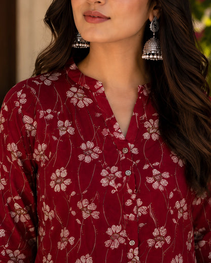 Cherry Red Floral Print Rayon Kurta Pant Set for Daily Wear