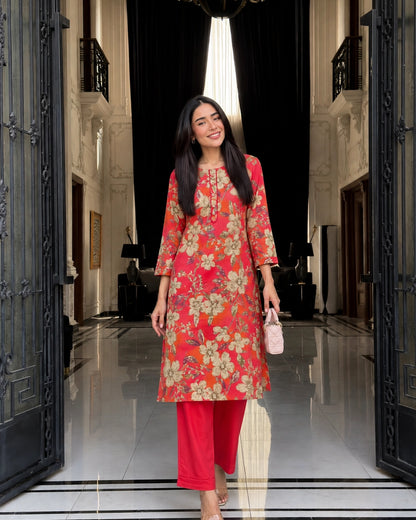 Coral Pink Floral Print Kurta Pant Set with Round Neck for Daily Wear