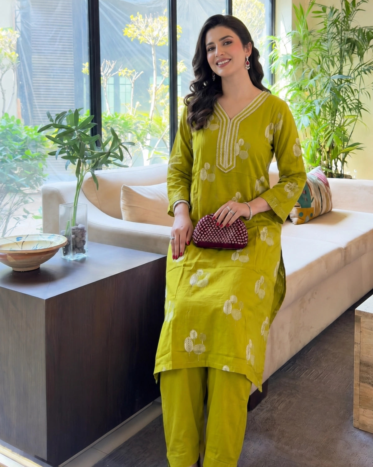 Olive Green Embroidered Cotton Kurta Pant Set for Office Wear