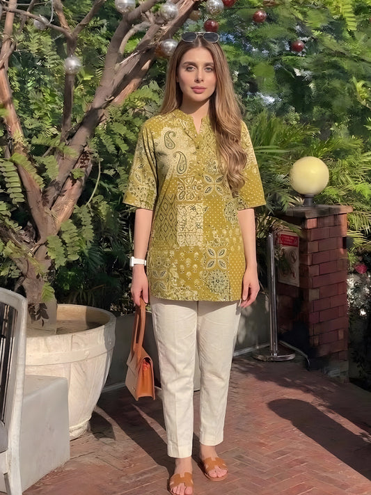 Olive Green Heritage Print Short Kurti